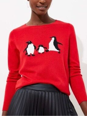 LOFT Womens Penguin Family Knit Sweater Large Red Holiday Winter Novelty Animal